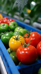 Vibrant Tomatoes in a Crate: A close-up shot of a variety of fresh, ripe tomatoes, artfully arranged in a crate, showcasing their rich colors and textures.