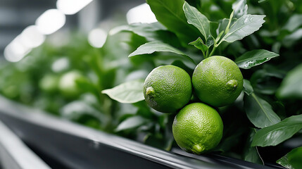 Vibrant Limes in Growth: A close-up view presents the invigorating freshness of growing limes, lush green leaves and vibrant fruit, epitomizing the essence of a healthy, fruitful harvest.