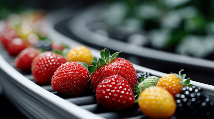 Fresh Harvest Lineup: A captivating shot of fresh strawberries, blueberries, and citrus fruits artfully arranged on a production line.