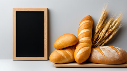Bakery Business Still Life with Artisan Bread and Blank Chalkboard Sign