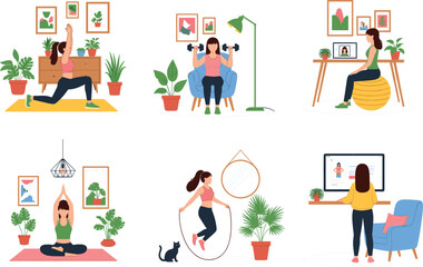 Home fitness and remote work illustrations featuring woman doing yoga weightlifting skipping and working at a desk.