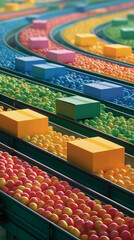 Color-coded Conveyor Belt: Boxes journey along vibrant conveyor belts, creating a mesmerizing display of organized movement and industry innovation.