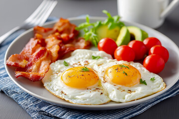 Breakfast plate featuring sunny-side-up eggs, crispy bacon, fresh tomatoes, and avocado slices, arranged beautifully on a white dish with a textured gray napkin