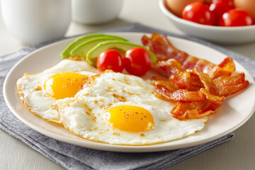 Breakfast plate featuring sunny-side-up eggs, crispy bacon, fresh tomatoes, and avocado slices, arranged beautifully on a white dish with a textured gray napkin