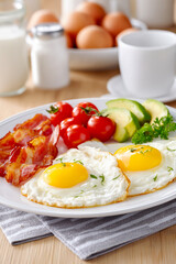 Breakfast plate featuring sunny-side-up eggs, crispy bacon, fresh tomatoes, and avocado slices, arranged beautifully on a white dish with a textured gray napkin