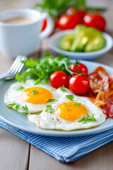 Breakfast plate featuring sunny-side-up eggs, crispy bacon, fresh tomatoes, and avocado slices, arranged beautifully on a white dish with a textured gray napkin