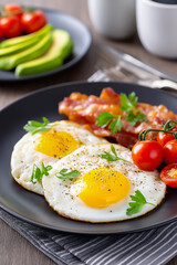 Breakfast plate featuring sunny-side-up eggs, crispy bacon, fresh tomatoes, and avocado slices, arranged beautifully on a white dish with a textured gray napkin