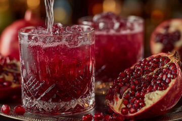 Refreshing pomegranate drinks served with vibrant, juicy fruit halves