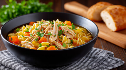 Delicious bowl of chicken noodle soup with vibrant vegetables, garnished with fresh herbs, served on a dark table with bread rolls and a glass of red wine, perfect for comfort food