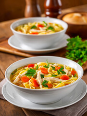 Delicious bowl of chicken noodle soup with vibrant vegetables, garnished with fresh herbs, served on a dark table with bread rolls and a glass of red wine, perfect for comfort food