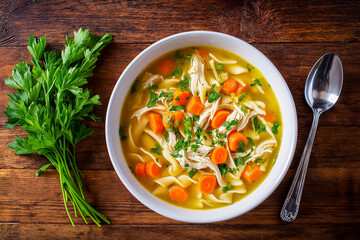Delicious bowl of chicken noodle soup with vibrant vegetables, garnished with fresh herbs, served on a dark table with bread rolls and a glass of red wine, perfect for comfort food