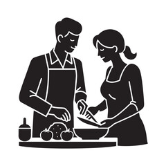 Couple Chopping Vegetables In Kitchen Silhouette