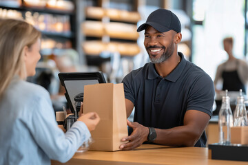Smiling man in black uniform handing over a takeout bag to a woman at a counter in a modern cafe, showcasing friendly customer service and interaction