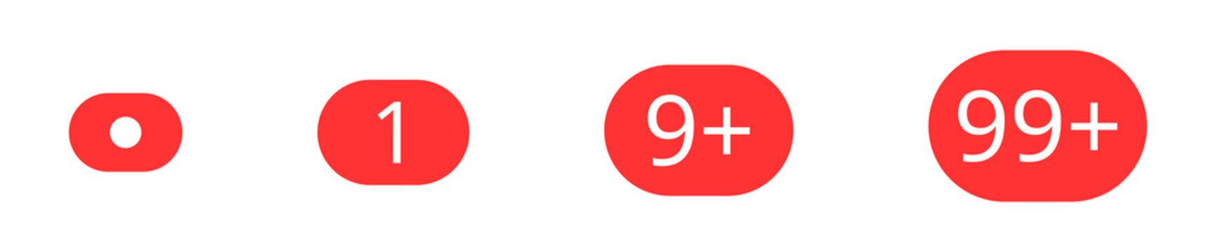 Red notification badge icon set showing unread alerts with dot, numeric and plus count symbols. Minimal flat UI elements for app notifications, messages, alerts and dashboard interfaces