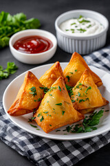Golden-brown samosas filled with spiced potatoes and peas, garnished with sesame seeds, served with tangy chutney and creamy sauce on a white plate with fresh greens