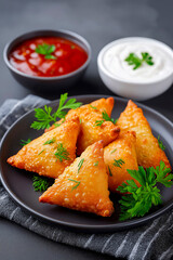 Golden-brown samosas filled with spiced potatoes and peas, garnished with sesame seeds, served with tangy chutney and creamy sauce on a white plate with fresh greens