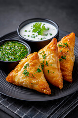 Golden-brown samosas filled with spiced potatoes and peas, garnished with sesame seeds, served with tangy chutney and creamy sauce on a white plate with fresh greens