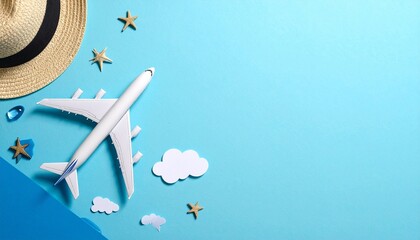 Travel flat lay with airplane, clouds, and beach items evokes summer vacation planning and wanderlust inspiration