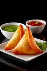 Golden-brown samosas filled with spiced potatoes and peas, garnished with sesame seeds, served with tangy chutney and creamy sauce on a white plate with fresh greens