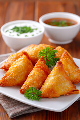 Golden-brown samosas filled with spiced potatoes and peas, garnished with sesame seeds, served with tangy chutney and creamy sauce on a white plate with fresh greens