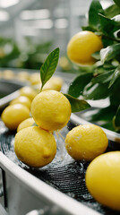 Lemon Conveyor: A close-up shot of a conveyor belt laden with fresh lemons, their vibrant yellow color standing out against the backdrop of leaves, suggesting a healthy production line.