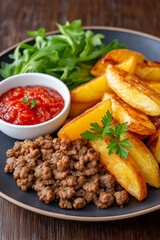 Delicious plate of crispy golden potato wedges, seasoned ground beef, fresh arugula, and vibrant tomato sauce, showcasing a hearty meal with rich flavors and textures