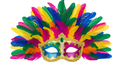 Vibrant feathered masquerade mask with intricate gold trim and colorful eye details