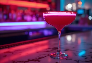 Vibrant Pink Cocktail on a Bar Counter at Night