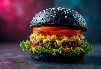 Gourmet Black Bun Cheeseburger with Fresh Ingredients
