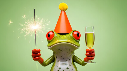 A green frog wearing a party hat holding a sparkler and champagne glass on a green background