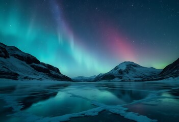 Naklejka premium Vibrant Northern Lights Dancing Over A Frozen Lake And Mountains