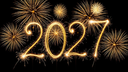 Vibrant fireworks display celebrating the new year 2027 with sparkling golden lights