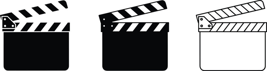 Cinema clapperboard icon set featuring movie film slate silhouettes in black and outline styles for video production branding.