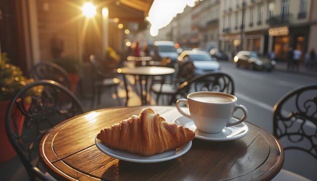 Parisian Breakfast Bliss: Croissant and Coffee Under Morning Sun