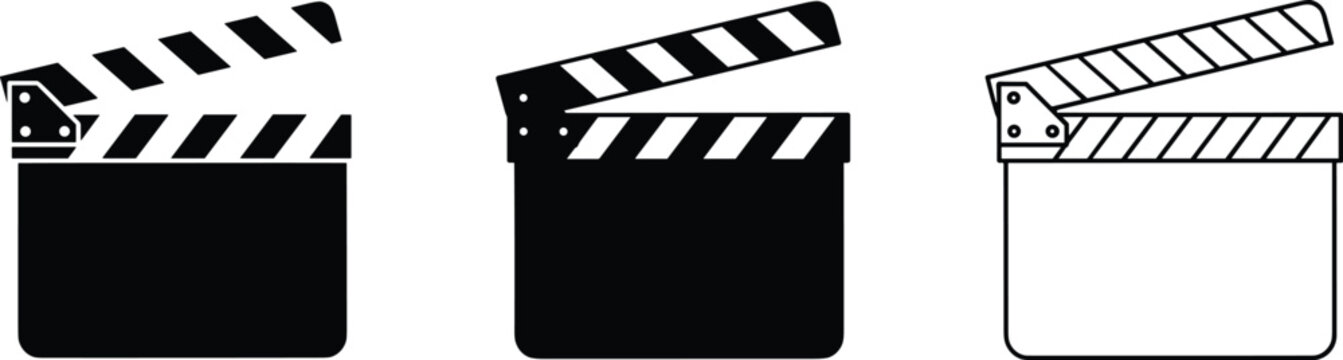 Cinema clapperboard icon set featuring movie film slate silhouettes in black and outline styles for video production branding.