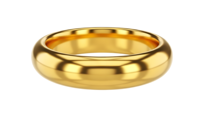 Golden wedding ring isolated on white background with smooth shiny surface and reflective details with golden ring and wedding band and gold jewelry