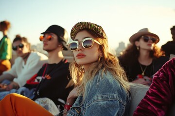 Young woman in trendy sunglasses and colorful hat sits looking forward, surrounded by people at a bright outdoor gathering.