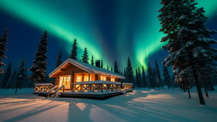 Cozy cabin in snowy forest under vibrant green northern lights display at night