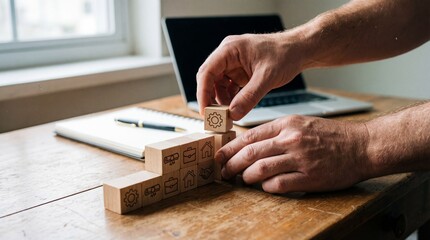 Photorealistic lifestyle image of hands arranging wooden blocks with printed career milestone icons on a desk convey professional growth and planning.