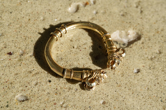 Close-up of a gold ring with ornate lion-head ends resting on a stone surface