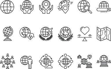 Global connectivity line icons set featuring world globes international travel environmental heart symbols and network distribution concepts.