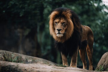 Majestic lion standing on rocky terrain, surrounded by lush greenery, showcasing wildlife beauty and natural habitat in the jungle.