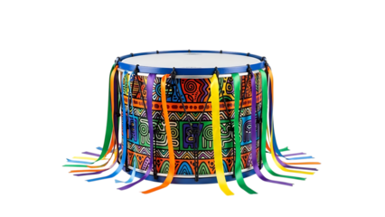 Vibrant, decorated drum with colorful ribbons, a symbol of celebration and rhythm