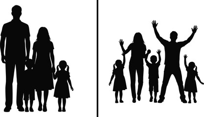 Family silhouettes showing parents and children standing and celebrating together, love, unity, happiness, parenting, joyful lifestyle concept isolated white background