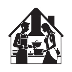 Happy Couple Cooking Dinner Together Silhouette