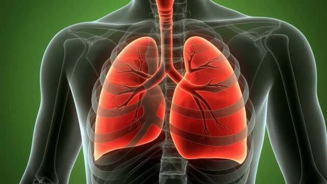 "A glowing red lung system stands out against a green anatomical backdrop."