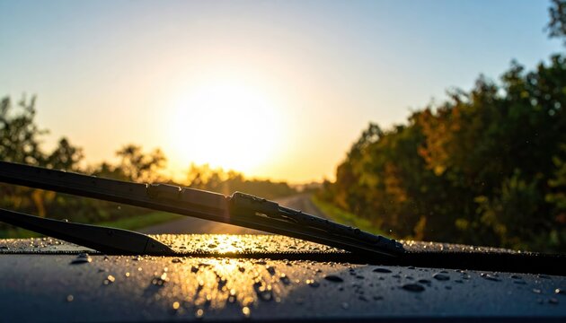 Atmospheric Car Windshield Wiper with Water Droplets Against a Golden Sunset View