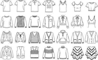 Comprehensive apparel line icons set featuring various t-shirts polo shirts sweaters cardigans hoodies blazers and patterned knitwear styles.