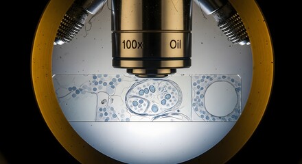 Extreme close up view through a bright field microscope objective lens observing stained biological cells on a prepared glass slide
