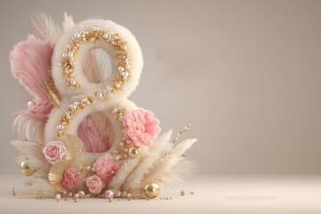 Decoration of number eight made with flowers, feathers, and beads for a birthday event in a simple indoor setting